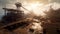 Abandoned shipyard, rusty damaged ships, cranes, old mashinery, AI generative industrial landscape