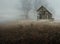 Abandoned small wooden house stands at the end of the brown grass in a fog bank in front of the large leafless trees made with