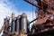 Abandoned steel mill, large blast furnaces and industrial structures for handling molten metal and supplies