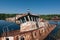 Abandoned sunken Barges Boats On River Pripyat in Chernobyl exclusion Zone. Chernobyl Nuclear Power Plant Zone of Alienation in