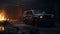 Abandoned Suv Engulfed In Flames: Moody And Atmospheric Cinematic Scene