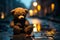 Abandoned teddy bear, forlorn, braves a rainy night all alone