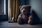 Abandoned teddy bear sit alone in a room for child abuse or loneliness concept. Generative AI