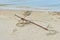 An abandoned traditional boat anchor on the beach.