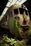 Abandoned train overgrown with plants. AI Generated