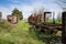 abandoned train station, old rusty train carriages