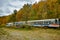 Abandoned Trolley Cars in Fall with Ominous Sky in field with rails