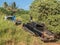 Abandoned truck on Kauai beach being towed