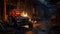 Abandoned Tuk-tuk In Burned Warehouse: Close-up Cinematic Scene