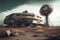 abandoned ufo cosmodrome, with derelict and decaying buildings in the background