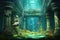 abandoned underwater temple with aquatic life