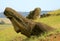 Abandoned unfinished Huge Moai statues on Rano Raraku volcano, Easter Island, Chile