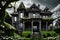 Abandoned Victorian House: Intricate Woodwork in Decay, Enveloped by Overgrown Ivy, Missing Shutters Tell Tales of Time