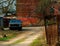 Abandoned vintage car at countryside yard background