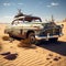 an abandoned vintage car half buried in the desert sand telling a tale of bygone adventures