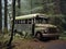 Abandoned vintage school bus rusting away in dense forest.