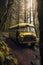 Abandoned vintage school bus rusting away in dense forest.