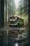 Abandoned vintage school bus rusting away in dense forest.