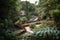 abandoned waterpark, with broken and rusted slides and pool, surrounded by overgrown greenery