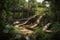 abandoned waterpark, with broken and rusted slides and pool, surrounded by overgrown greenery