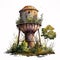 Abandoned Watertower Adorned with Blooming Flowers: Watercolor Illustration AI Generated