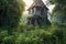 abandoned windmill among overgrown grass and foliage