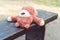 Abandoned on the wooden bench lonely teddy bear toy