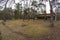 Abandoned wooden mobile homes in a forgotten, abandoned holiday resort on an autumn day. Mess