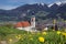 Abbey Fiecht, Austria. View to abbey and church with alps in the background.