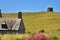 Abbotsbury village, Jurassic Coast, Dorset, UK. Cottage in countryside with St Catherine\\\'s Chapel on background