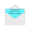 Abbreviation RSVP and please respond text to require confirmation of an invitation, realistic white letter and insert paper sheet