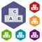 ABC cubes icons set hexagon
