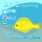 ABC kids F letter ABC learning Funny animal alphabet Happy sea flounder fish Yellow large spotted fish cartoon character Cartoon f
