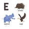 ABC letter E funny kid icons set: eagle, echidna, elephant.