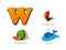 ABC letter W funny kid icons set: woodpecker, watermelon, whale.