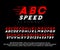 ABC SPEED vector alphabet and numbers set. Red and blue color font. Italic bold racing and motor sports and gaming style design.