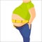 Abdomen fat, overweight man with a big belly and measure tape around waist against. Vector illustration