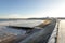 Aberdeen beach view with South Breakwater lighthouses and shipping control centre building, Scotland