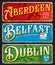 Aberdeen, Dublin, Belfast plates, travel stickers