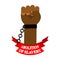 Abolition of slavery. Arm slave with broken shackles. Broken chain.