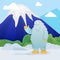 Abominable snowman stands on snowy mountain background vector illustration. Friendly cute yeti character welcome