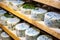 above angle shot of whole blue cheese wheels on wooden shelves