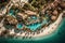 From above, a breathtaking aerial view revealed a pristine luxury beach resort. Sparkling turquoise waters embraced