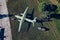 Above drone view on military propeller transport aircraft