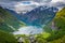 Above Geiranger fjord, ship and village, Norway, Northern Europe