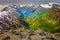 Above Geirangerfjord with boat and waterfall, Norway , Scandinavia