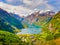 Above idyllic Geiranger fjord dramatic landscape, Norway