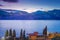 Above idyllic Lake Garda in Malcesine at dawn, Italian alps, long exposure