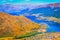 Above Queenstown and Lake Wakatipu in south Island, New Zealand at sunset