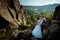 Above romantic portrait of the newlyweds. The handsome groom softly stroking the cheek of the bride while standing on